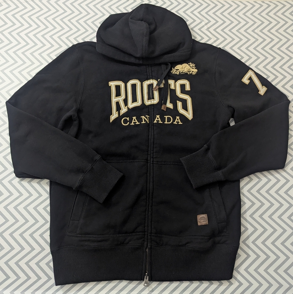 Roots Canada Embroidered Black Zip Hoodie Size Small